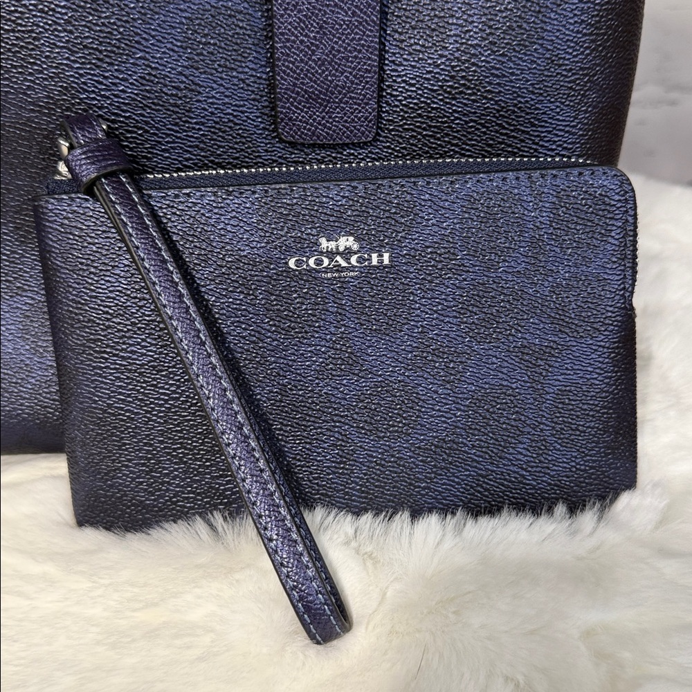 NWT COACH Navy Dark Blue logo print Sadie Satchel, Wristlet, Dust bag BUNDLE. - Picture 15 of 16